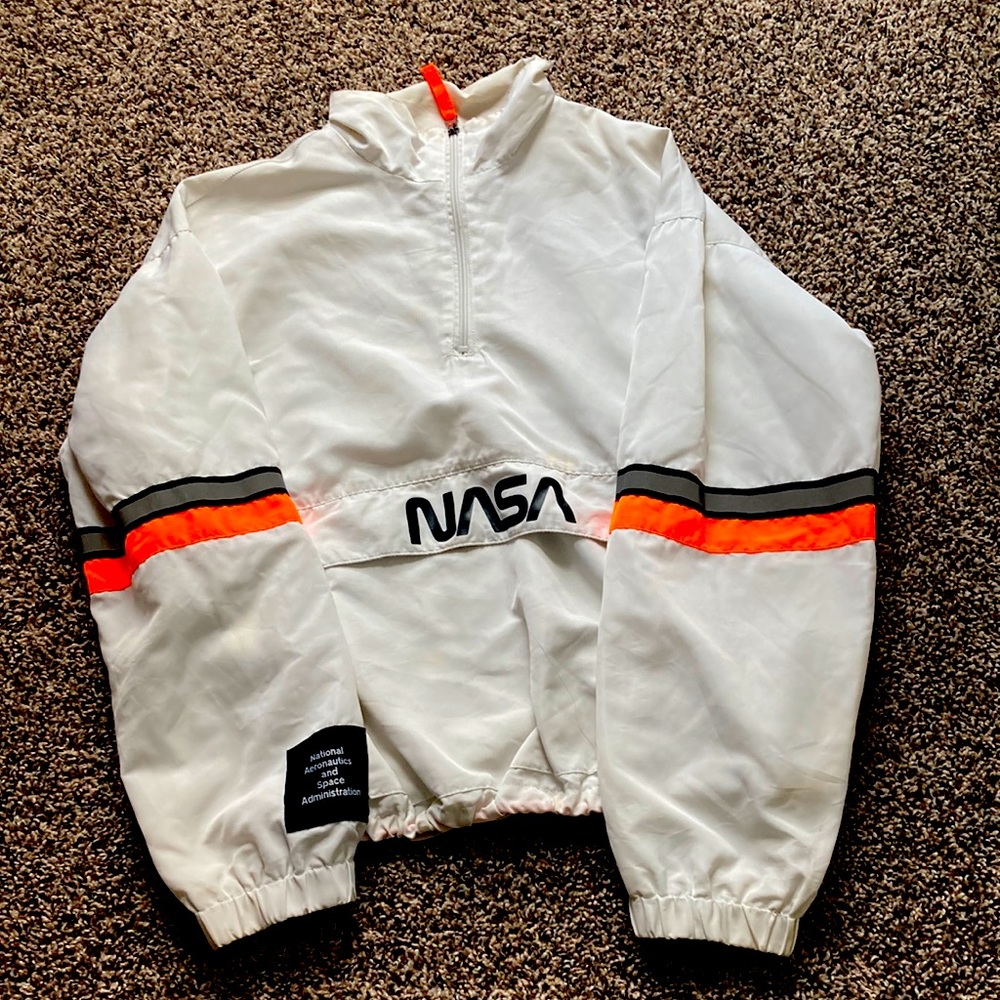 NASA, orange, black, and white wind breaker
